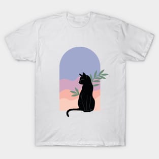 Вoho minimalist black cat with plants and sunset T-Shirt